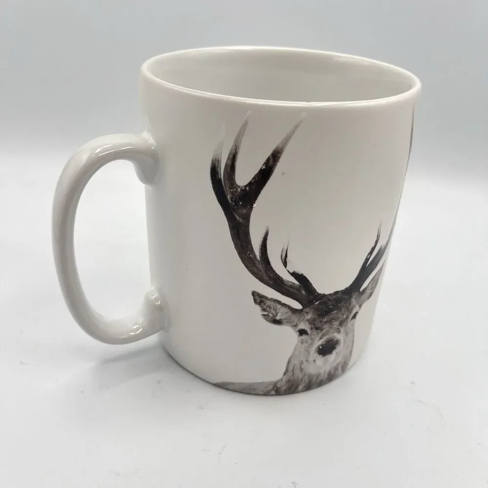 Pier 1 Snow Forest Winter Buck Deer Porcelain Coffee Mug Dishwash Microwave 5”